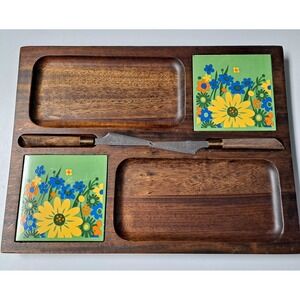 Vitage Cheese Cracker Board Imperial  Floral Hand Carved Hard Wood‎ Japan 14.5"
